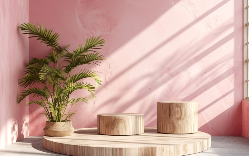 Pódio para Apresentação de Produtos com Folhas Plantas, Parede Rosa 307