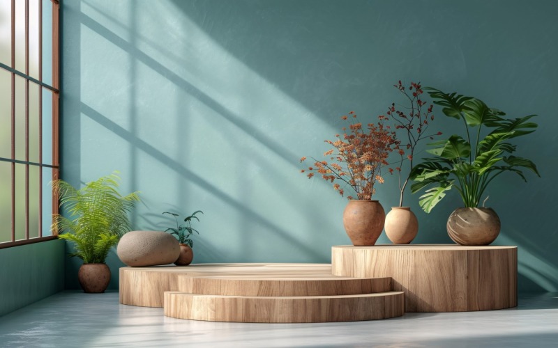 Podium en bois pour présentation de produits avec feuilles de plantes 341
