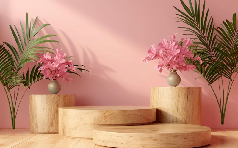 Podium pour présentation de produits avec plantes Leafs, mur rose 311