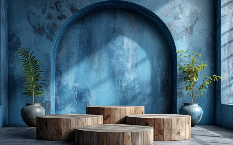 Podium voor productpresentatie met bladplanten en blauwe muur 328
