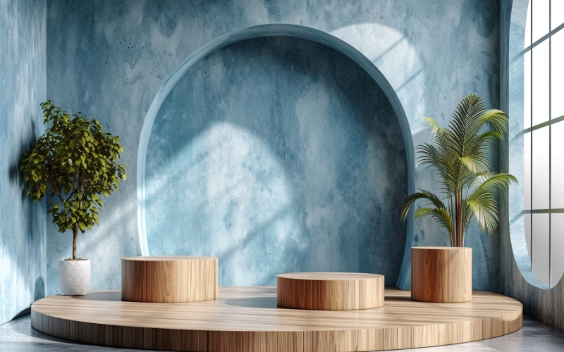 Podium voor productpresentatie met bladplanten en blauwe wand 354