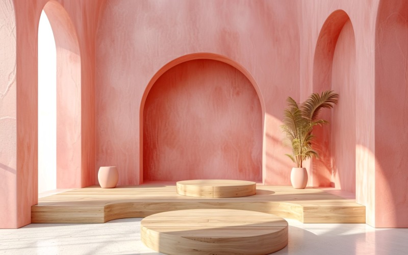 Podium zur Produktpräsentation mit Blattpflanzen, Pink Wall 335