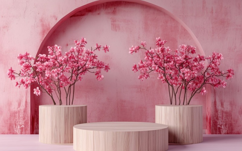Yapraklı Bitkilerle Ürün Sunumu İçin Podyum, Pembe Duvar 304