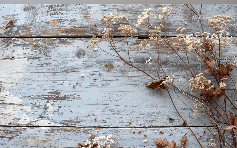 Festlig höst vit rustik träbord blad grenar. 58