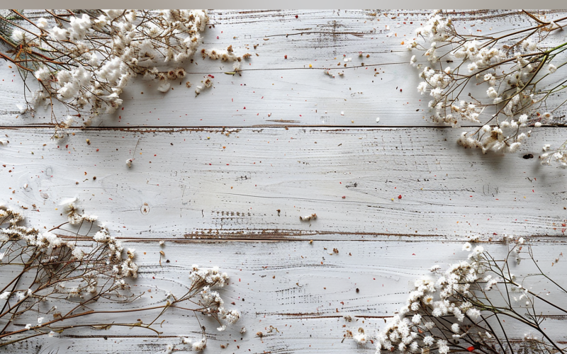 Mesa rústica de madera blanca festiva de otoño con flores y ramas. 129