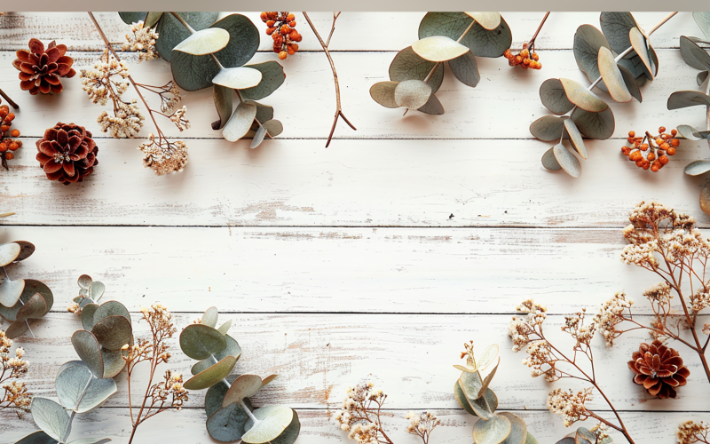 Table en bois rustique blanche festive d'automne feuilles fleurs 72