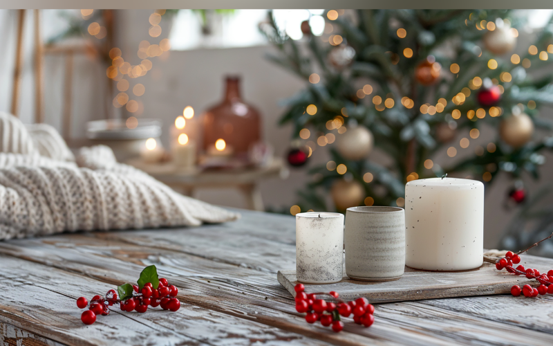 Bougie d'automne festive sur table en bois rustique blanche 192