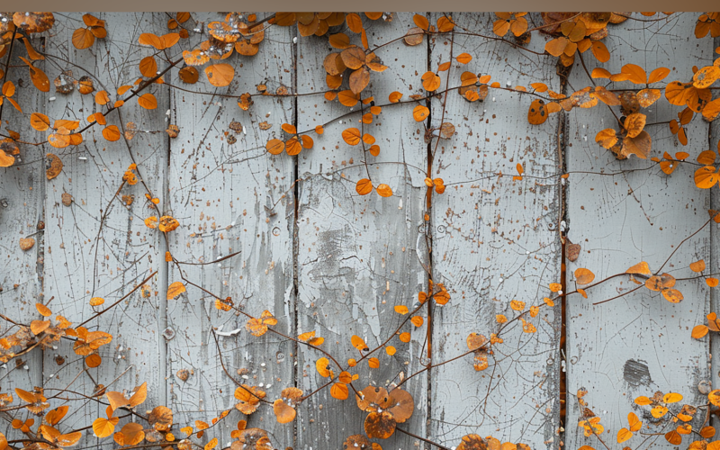 Festivo autunno Foglie rosse Rami su tavolo rustico in legno 168