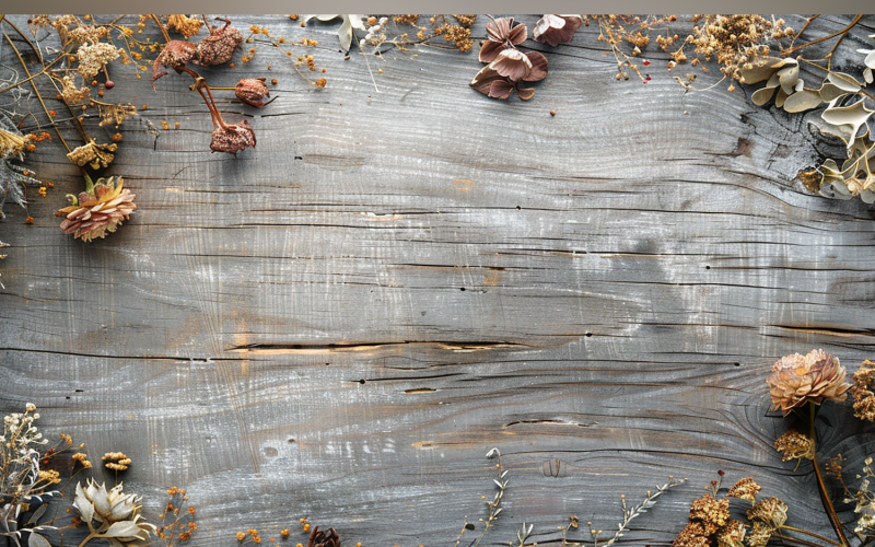 Mesa rústica de madera blanca festiva de otoño con flores y ramas. 152