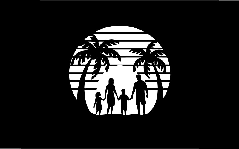 Um desenho de silhueta vetorial de uma família aproveitando férias na praia