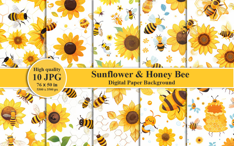 Fondo de papel digital imprimible con girasoles y abejas