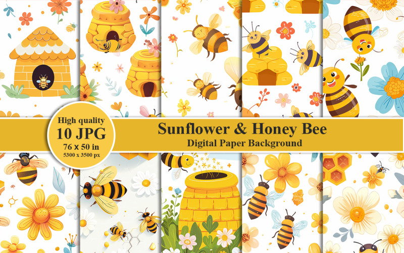 Papel digital imprimible con estampado de girasoles y abejas vibrantes