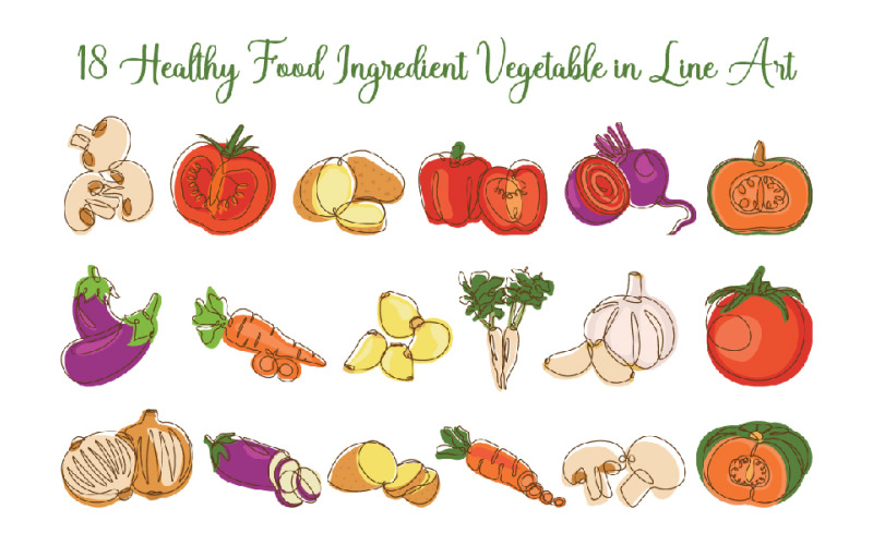 18 Ingredienti alimentari sani Verdure in Line Art
