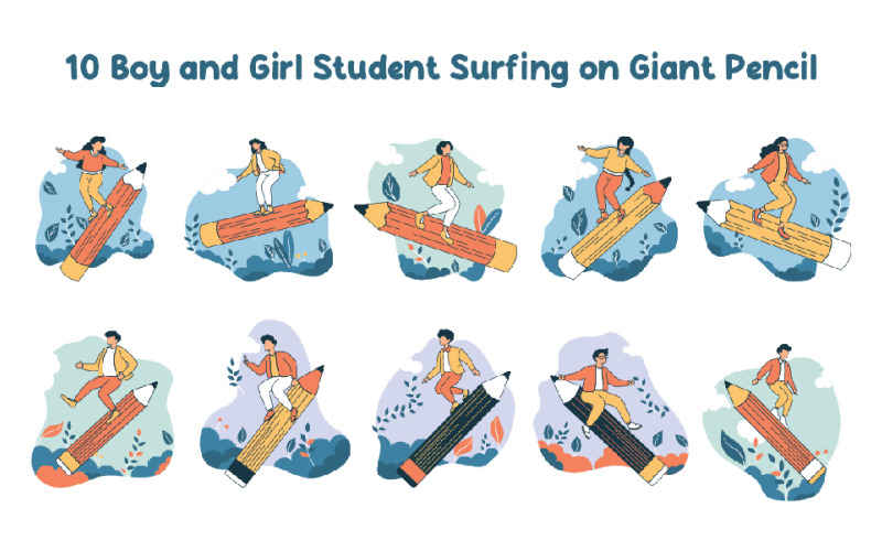 10 estudiantes, niños y niñas, surfeando sobre un lápiz gigante