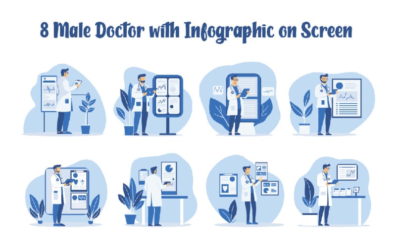 8. Médico masculino con infografía en pantalla
