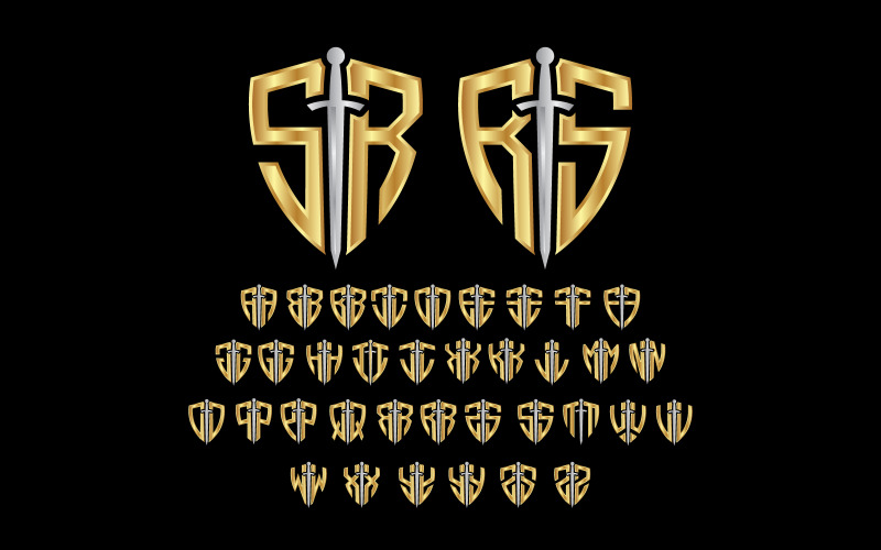 Logotipo de espada e escudo feito de duas letras iniciais Conjunto completo de A a Z