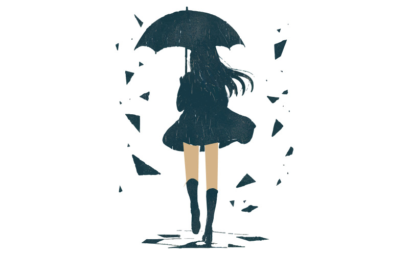 ženská postava s dlouhými vlasy drží deštník a chodí