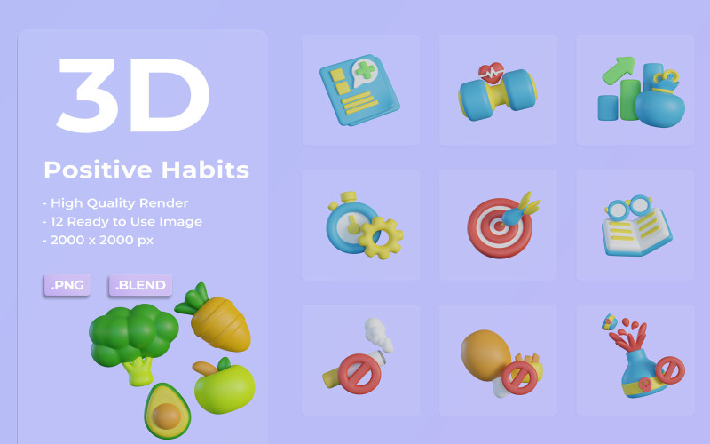 Conjunto de iconos de hábitos positivos en 3D