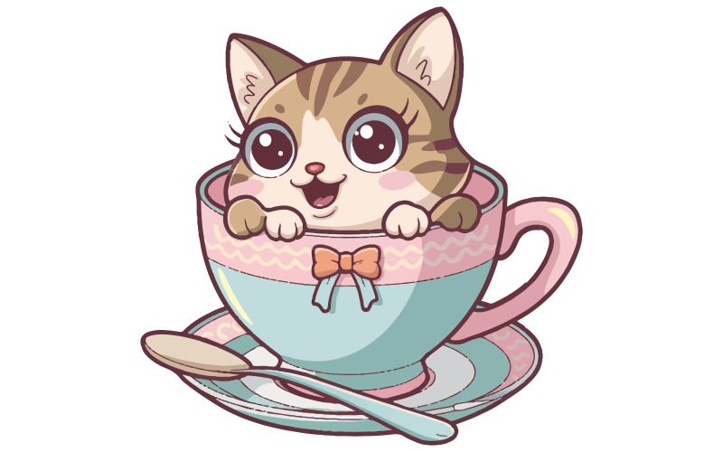 Uma ilustração de um gato fofo dentro de uma xícara de chá