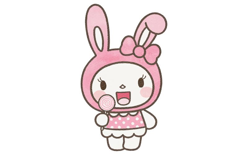 Una ilustración de un simpático personaje con orejas de conejo rosa.