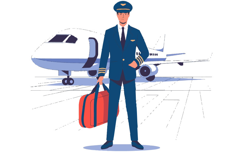ilustração de um piloto uniformizado, em pé na frente de um avião comercial