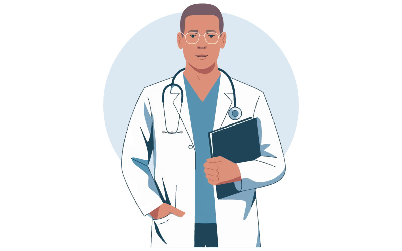 Uma ilustração de um médico de jaleco branco segurando uma pasta na mão