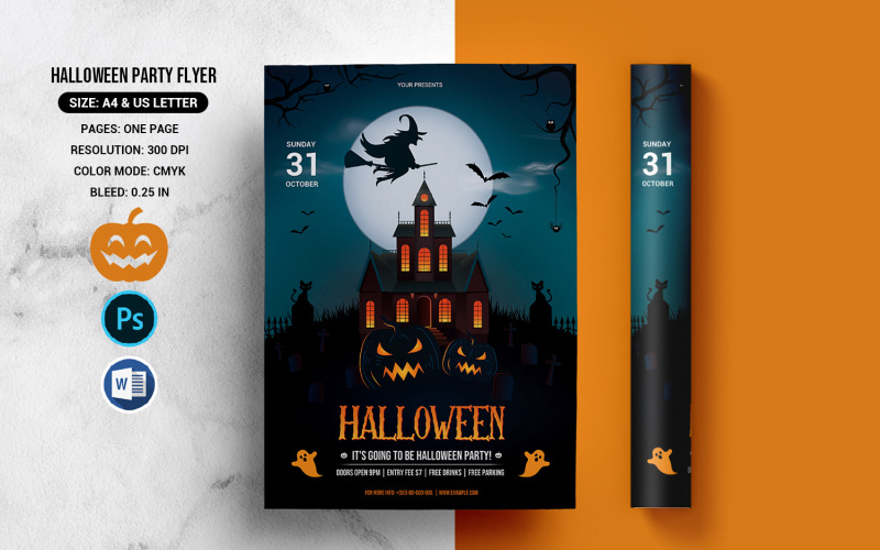Halloween-Party-Einladungsflyer. Word und PSD
