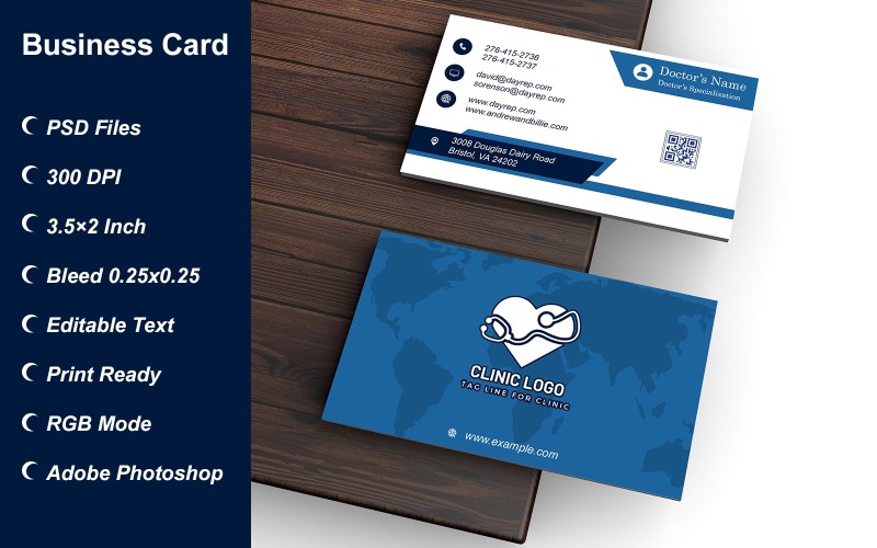 Business Card Template for Clinic - Doctor - Hospital - Customizable Designs - 620