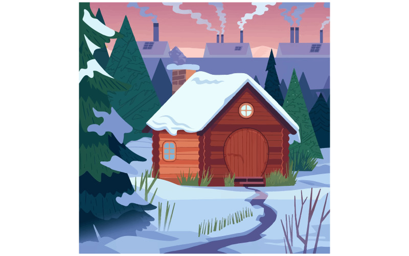Eine weihnachtliche Illustration einer verschneiten Landschaft mit einer Holzhütte