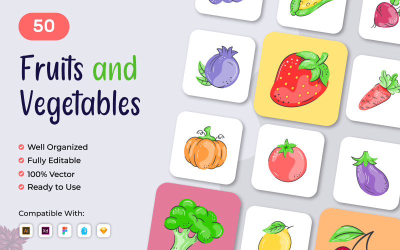 Fruits et légumes dessinés à la main