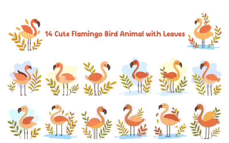 14 Cute Flamingo Bird Animal with Leaves