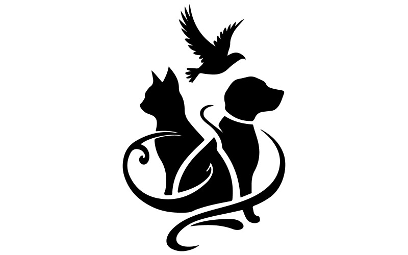 Logotipo vetorial de silhueta de gato, cachorro e pássaro