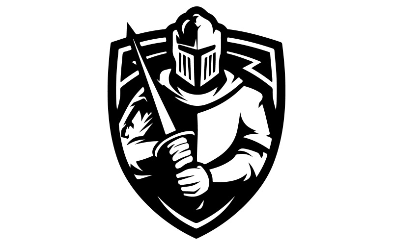 O cavaleiro está usando um capacete e segura uma espada