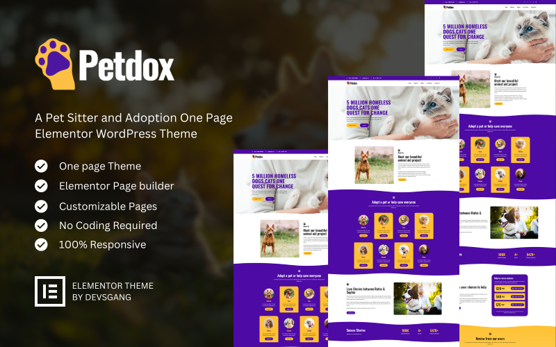 Petdox - тема Elementor WordPress для няни и усыновления домашних животных