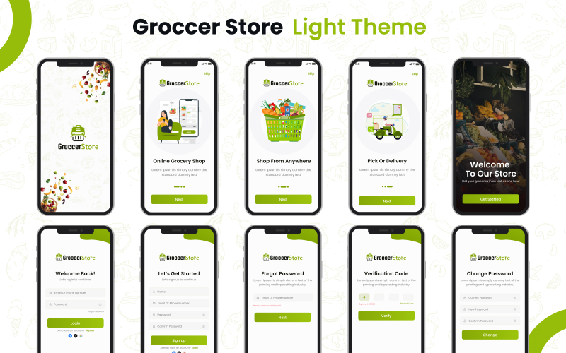 Groccer Store – Zestaw interfejsu użytkownika aplikacji mobilnej Groccer Store