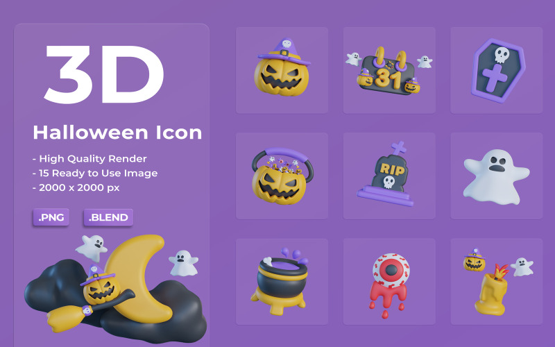 3D sada ikon Halloween balíček