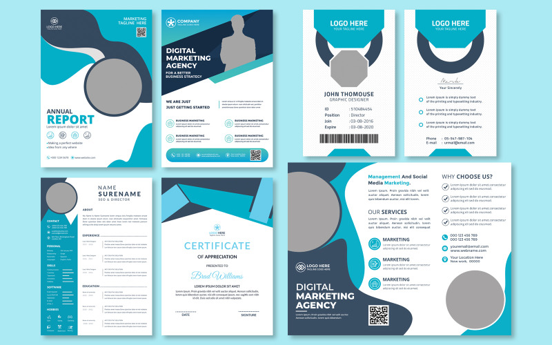 Flyer, Brochura, Currículo, Cartão de identificação, Relatório anual, Modelos de identidade corporativa