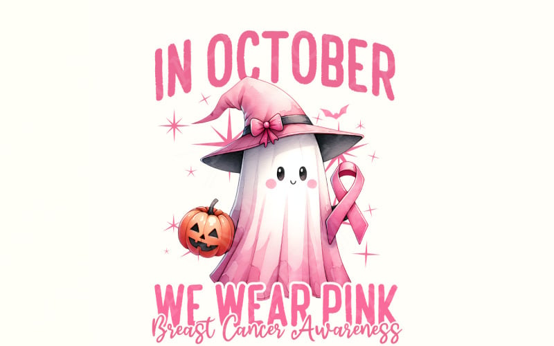 En octobre, nous portons du rose PNG, sensibilisation au cancer du sein PNG, ruban rose png, lutte contre le cancer, Halloween