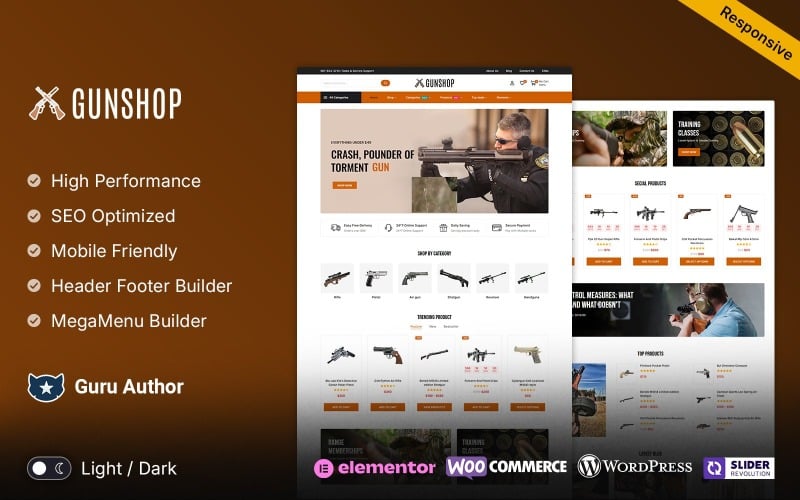 GunShop - Pistolen, geweren, schietclubvuurwapens en wapenwinkel Woocommerce Elementor-thema