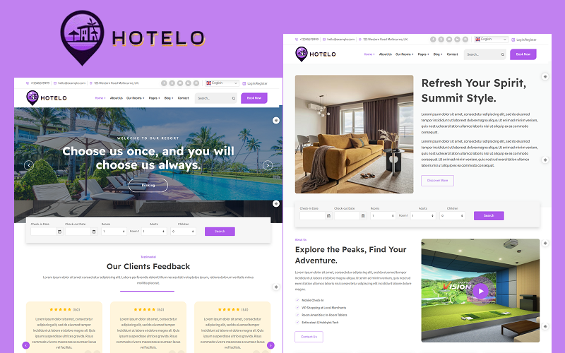 Hotelo - Modello di sito Web reattivo HTML e Bootstrap per hotel, resort e motel
