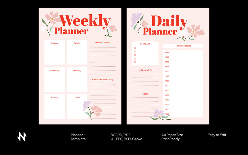 Planificador semanal diario con flores