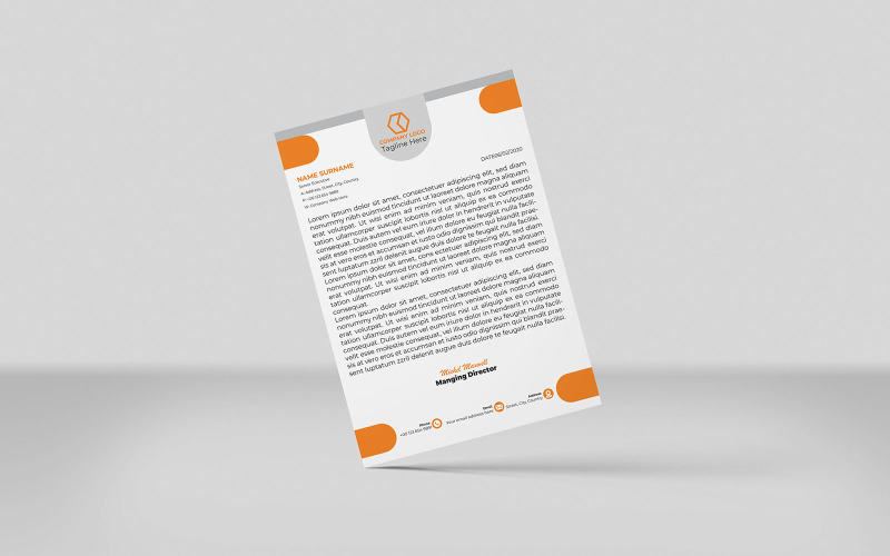Modèle d'identité de papier à en-tête d'entreprise créatif de style minimaliste orange et argent