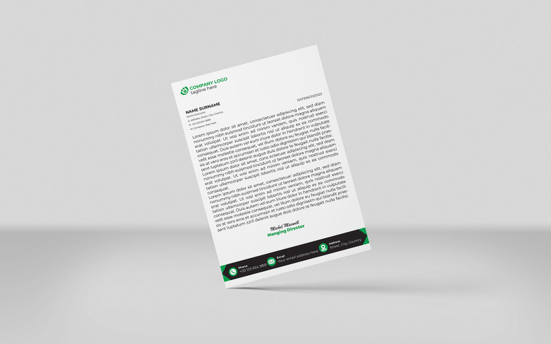 Papier à en-tête créatif Conception de papier à en-tête d'entreprise Style minimaliste NOIR ET VERT