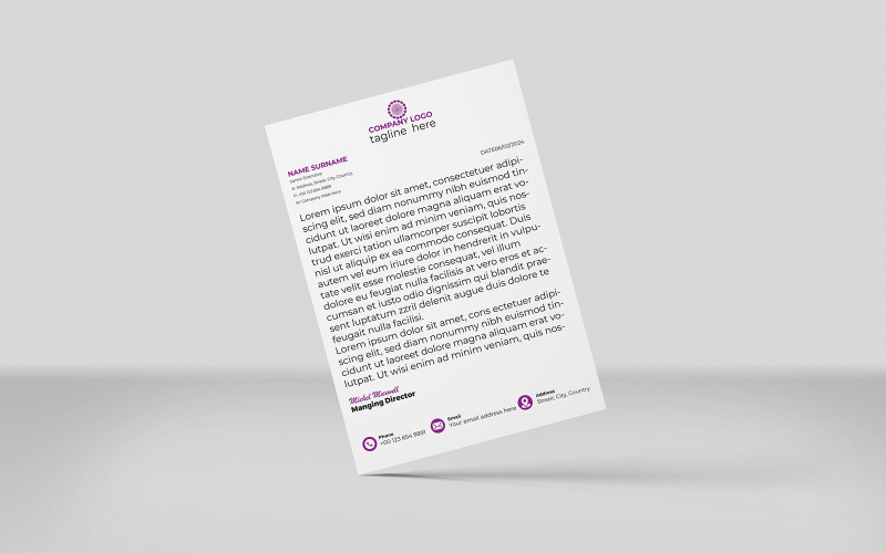 Creatief briefpapier Corporate briefpapier Identiteitssjabloon Ontwerp Minimalistische stijl PAARSE KLEUR 1
