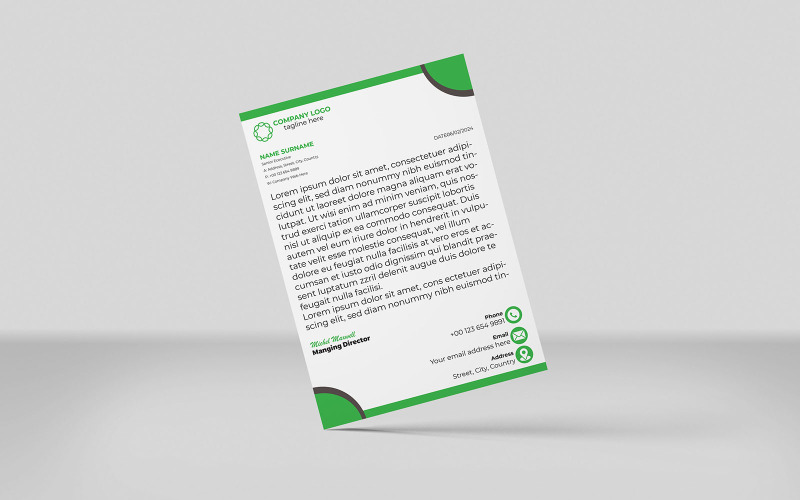 Creatief briefpapier Corporate briefpapier Identiteitssjabloon Ontwerp Minimalistische stijl ZWART GROEN 2 KLEUREN