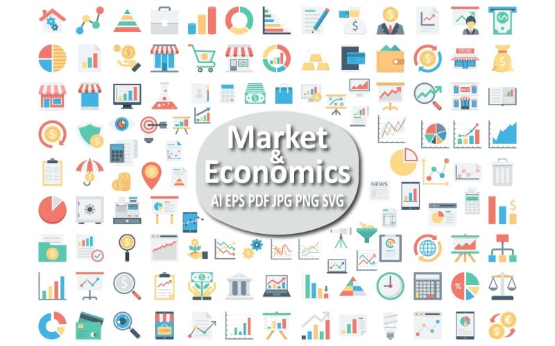 Markteconomie-iconenset voor financiële en zakelijke projecten