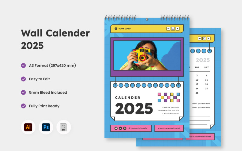 Calendrier mural rétro Y2K 2025 Design V2