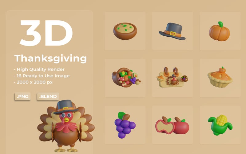 3D Şükran Günü Simge Seti Paketi