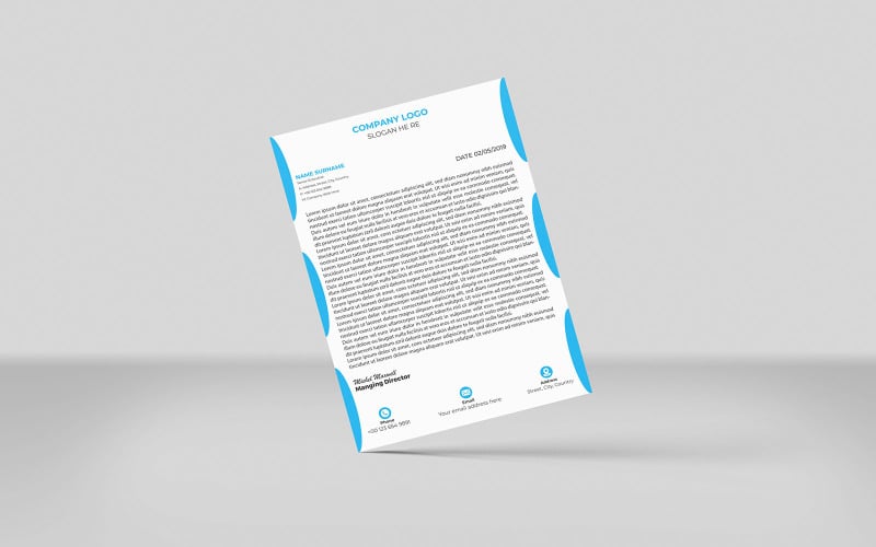 Modèle de conception d'identité de papier à en-tête créatif de style minimaliste (cyan 1 couleur)