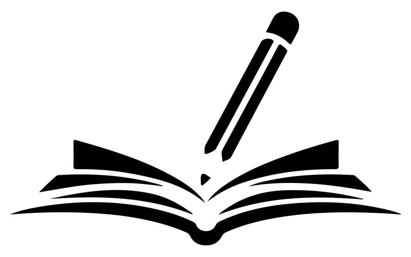 En logotyp med en penna och bok
